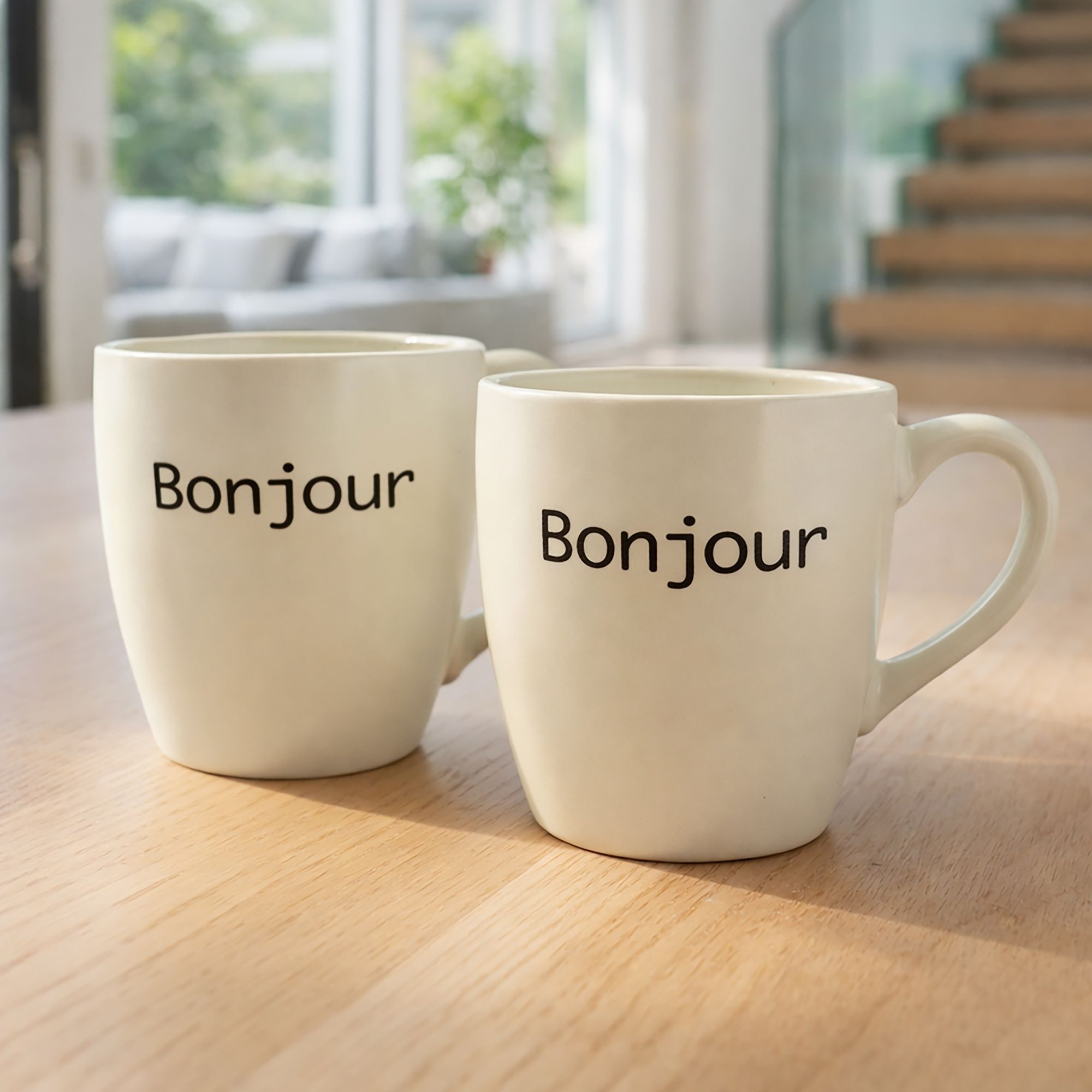 Lot de 6 tasses 20cl en grès blanc à message BONJOUR