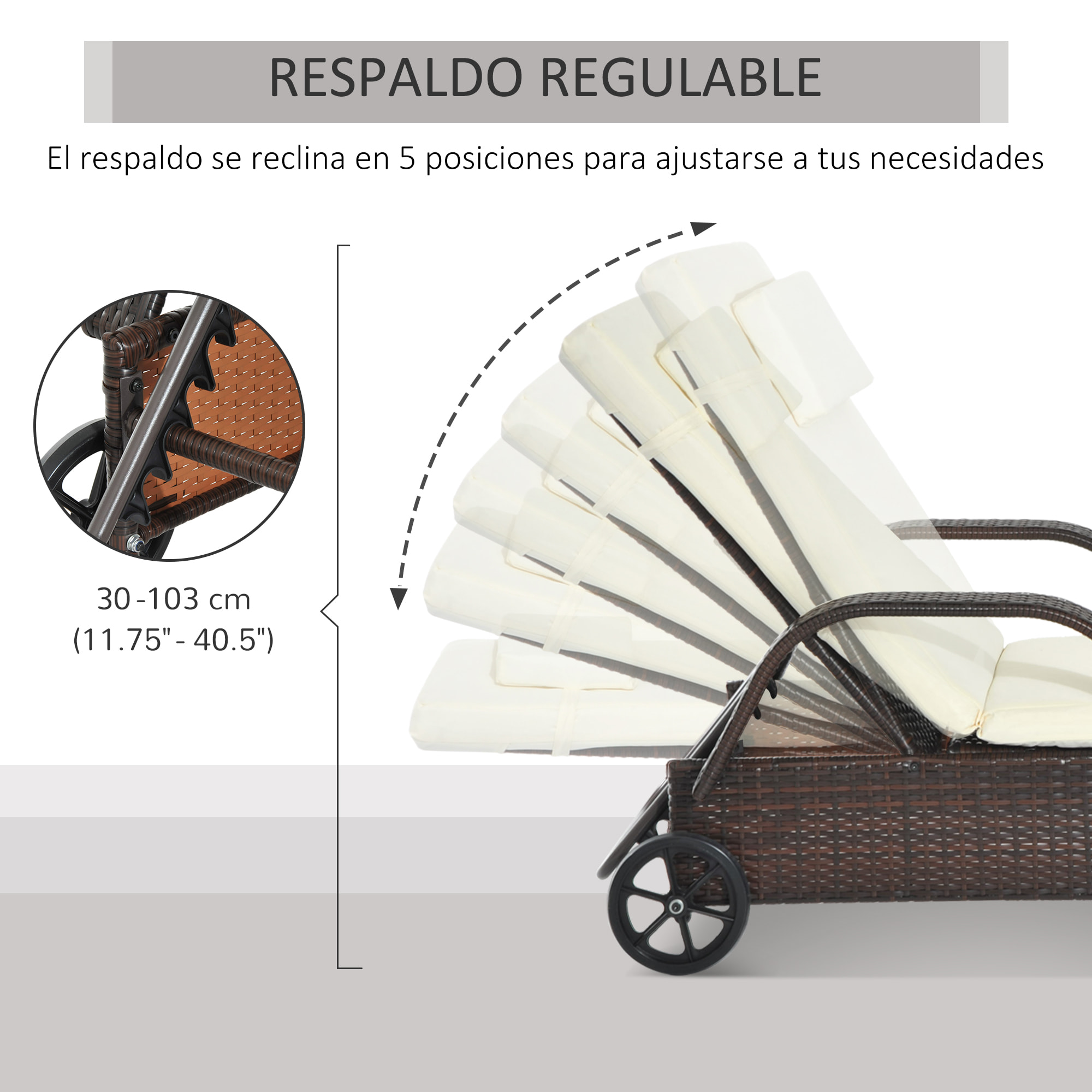 Tumbona de Ratán de Jardín Chaise Longue con Respaldo Ajustable en 5 Posiciones Cojines Acolchados Reposacabezas y 2 Ruedas 200x73x30-103 cm Crema y Marrón