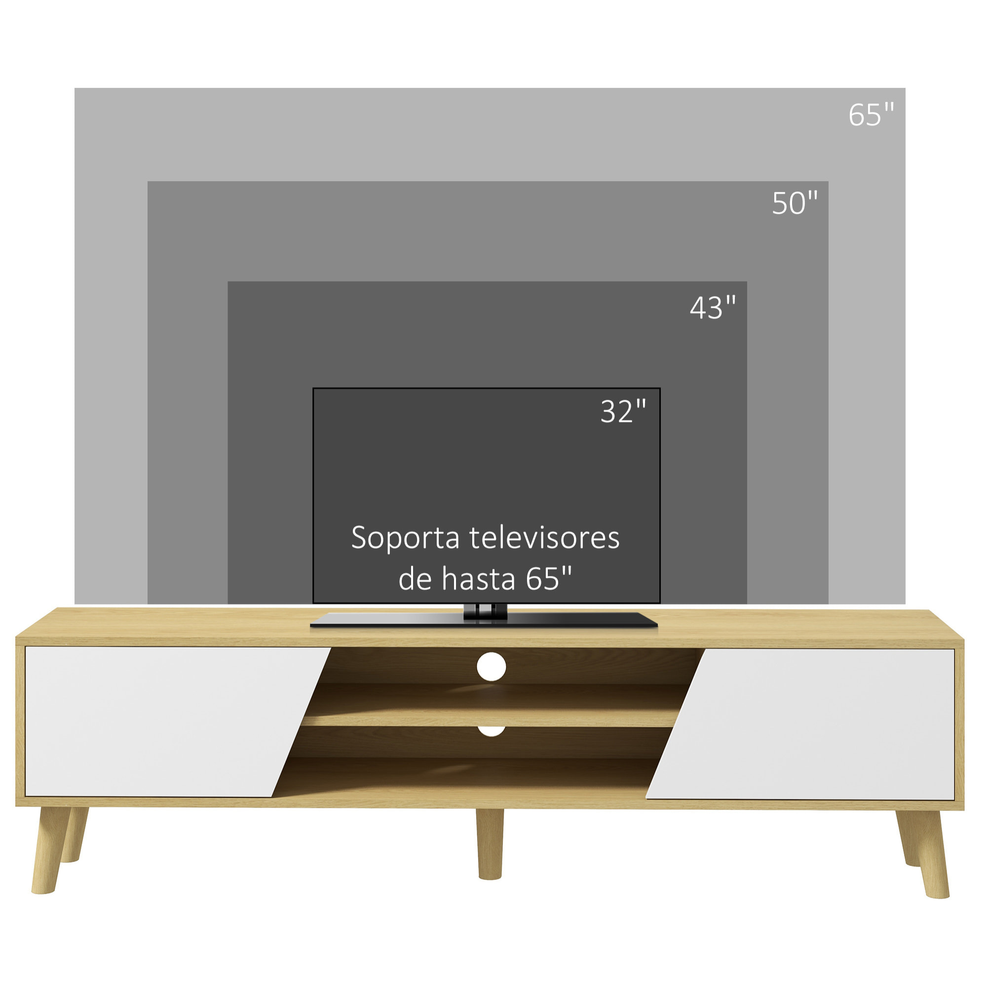 Mueble TV Mueble de Salón Mesa para TV con 2 Puertas 2 Estantes y 5 Patas de Madera de Caucho para Televisores de hasta 65 Pulgadas para Dormitorio 150x30x42 cm Roble