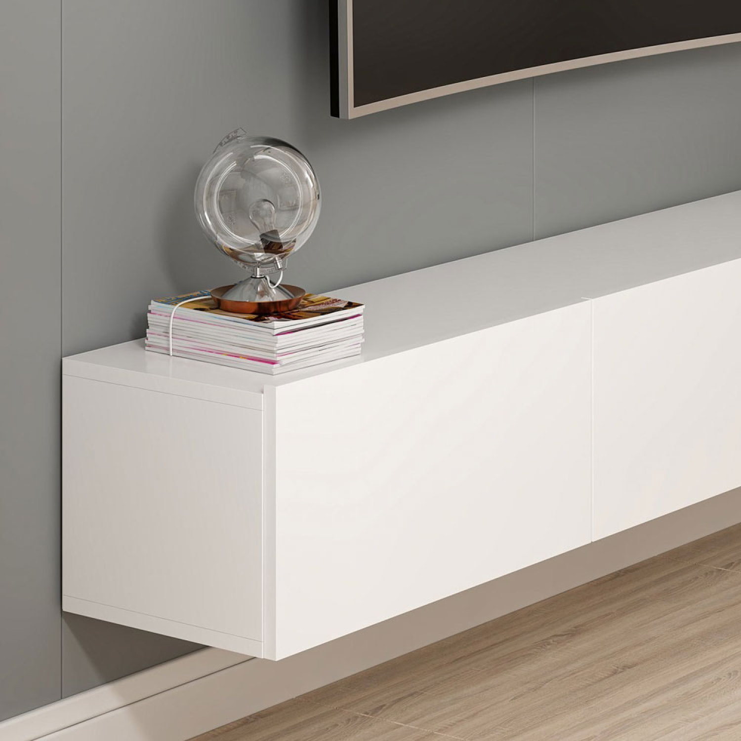 ROANOKE Meuble TV suspendu avec placards blanc 180cm