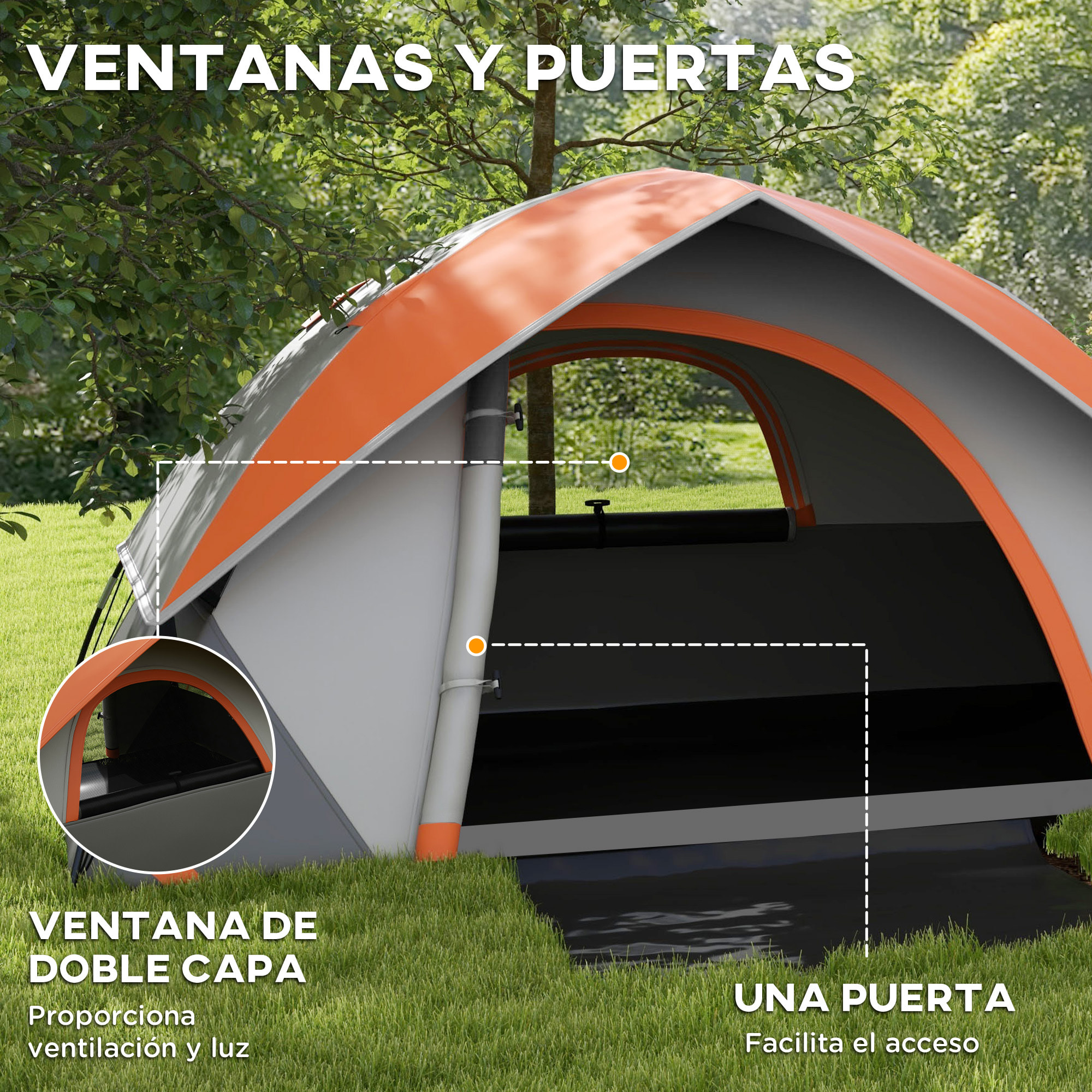 Tienda de Campaña para 2 Personas Tienda de Camping Plegable Ligera Impermeable 3000 mm con Puerta Ventana Gancho y Bolsa de Transporte 210x150x110 cm Gris y Naranja