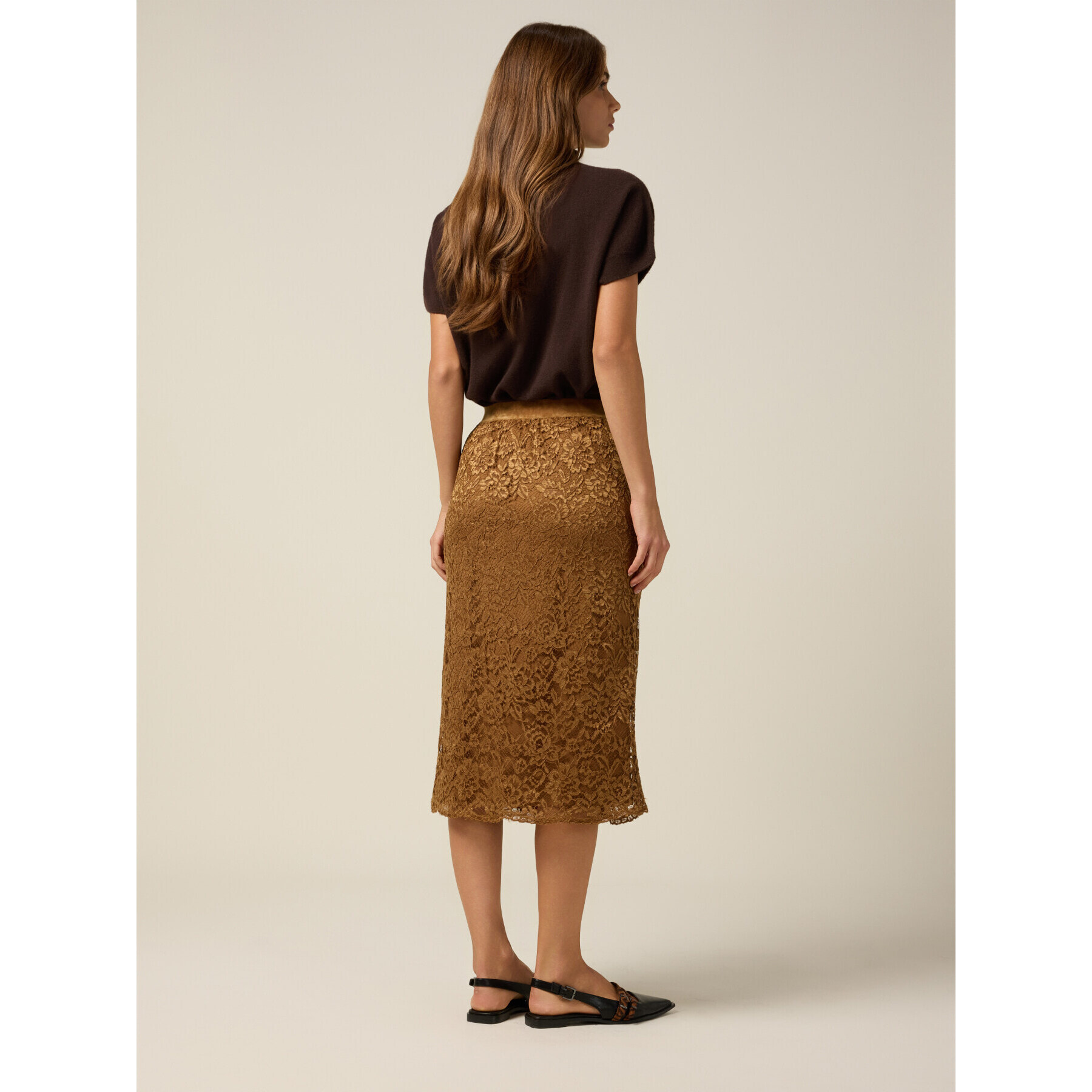 Oltre - Gonna tubino midi in pizzo - Marrone