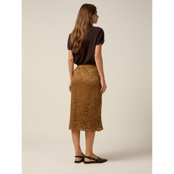 Oltre - Gonna tubino midi in pizzo - Marrone