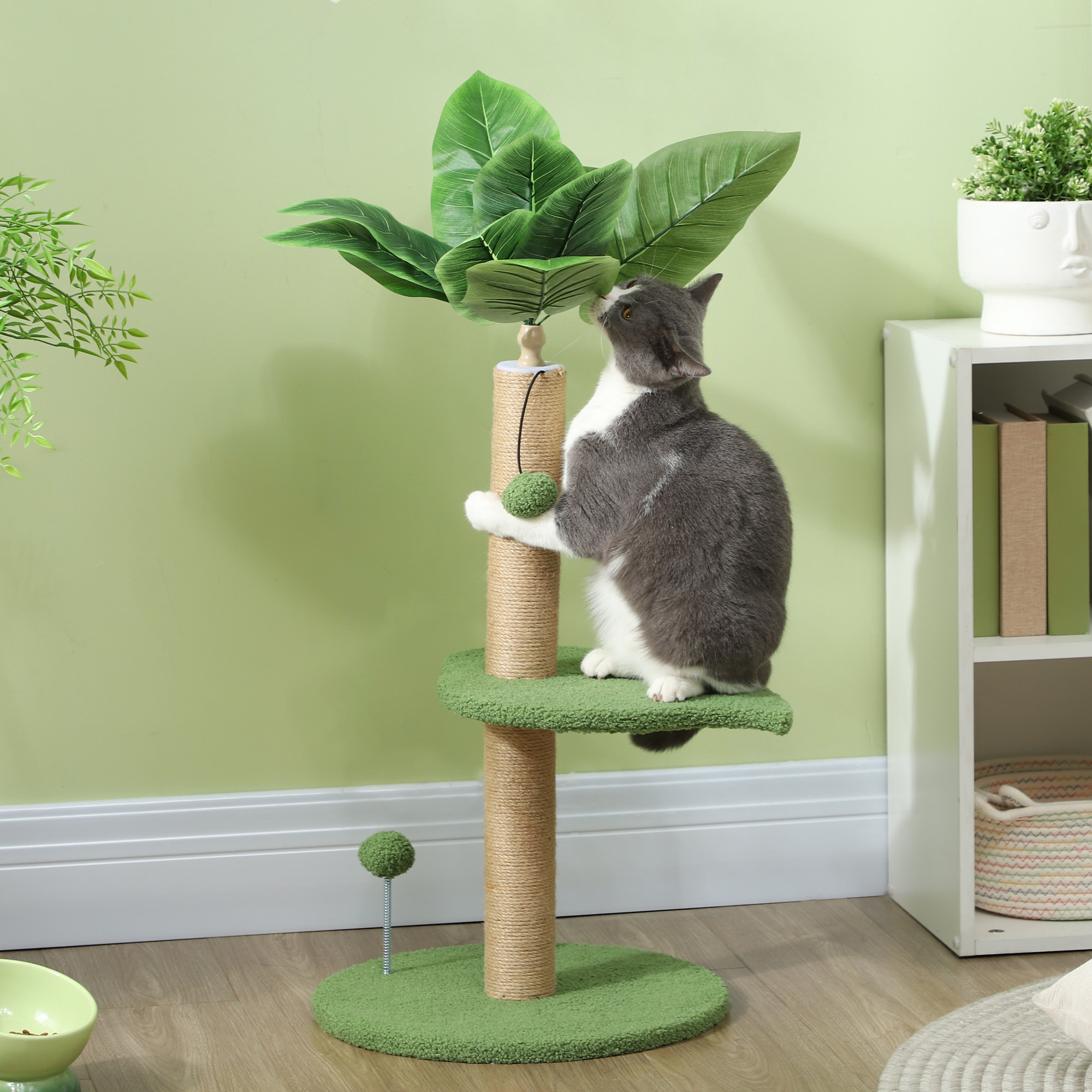 PawHut Árbol Rascador para Gatos 83 cm con Hojas Artificiales, Torre para Gatos con Poste de Yute, Plataformas de Felpa, 2 Juguetes de Bolas, Verde
