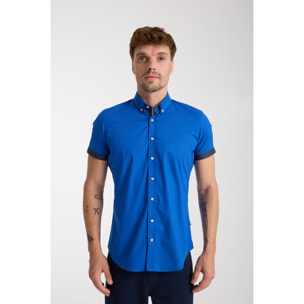 camicia uomo slim 1 bottone button down doppio collo Popeline Stretch Unito Bluette