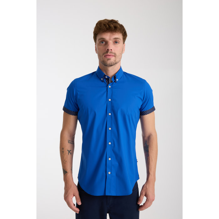 camicia uomo slim 1 bottone button down doppio collo Popeline Stretch Unito Bluette