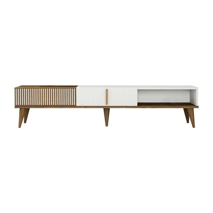Mobile porta TV Jakuchu, Credenza da soggiorno, Armadio basso per TV, Base parete attrezzata, 180x35h40 cm, Noce e Bianco
