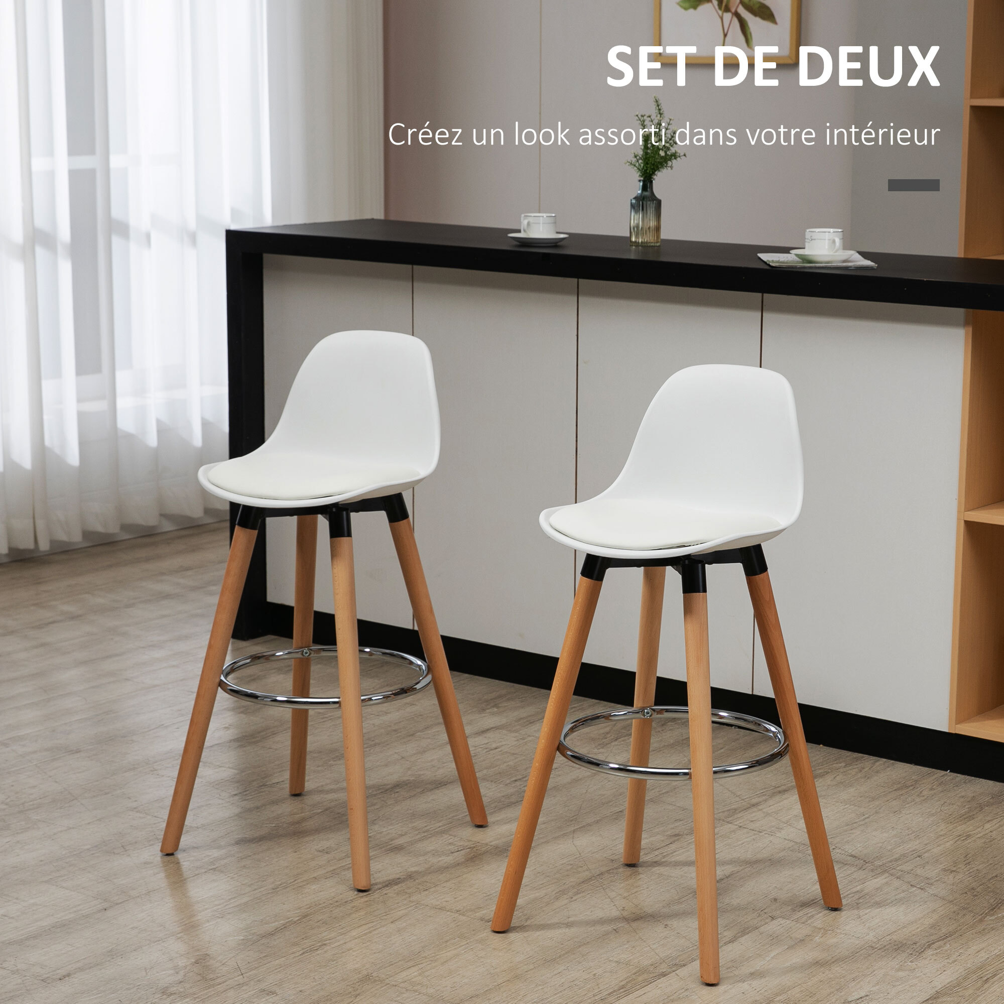 Tabourets de bar style scandinave - lot de 2 tabourets de bar avec repose-pieds - piètement bois de hêtre assise PU blanc