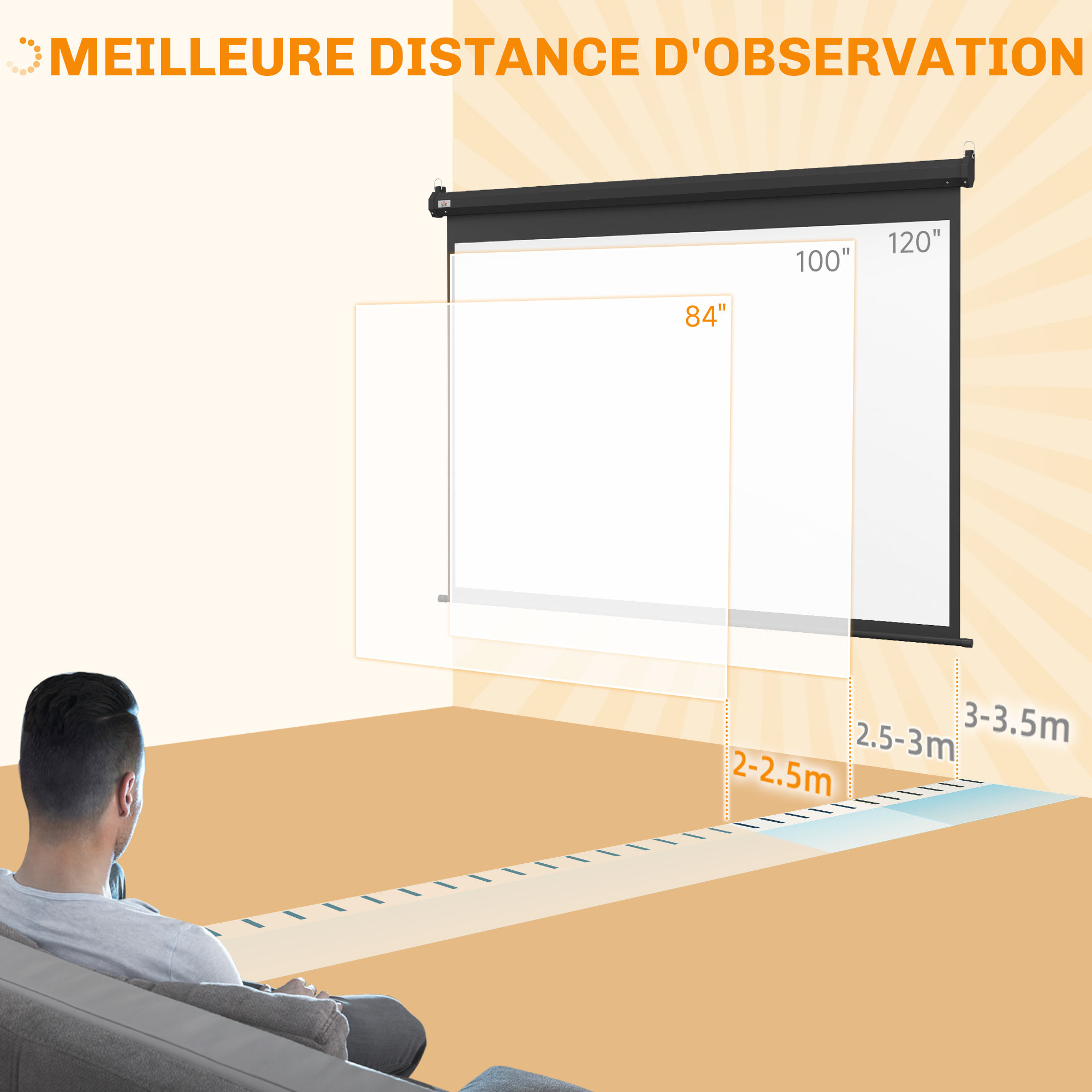 Ecran de projection motorisé home-cinéma format 4:3 84 pouces 171L x 130H cm noir