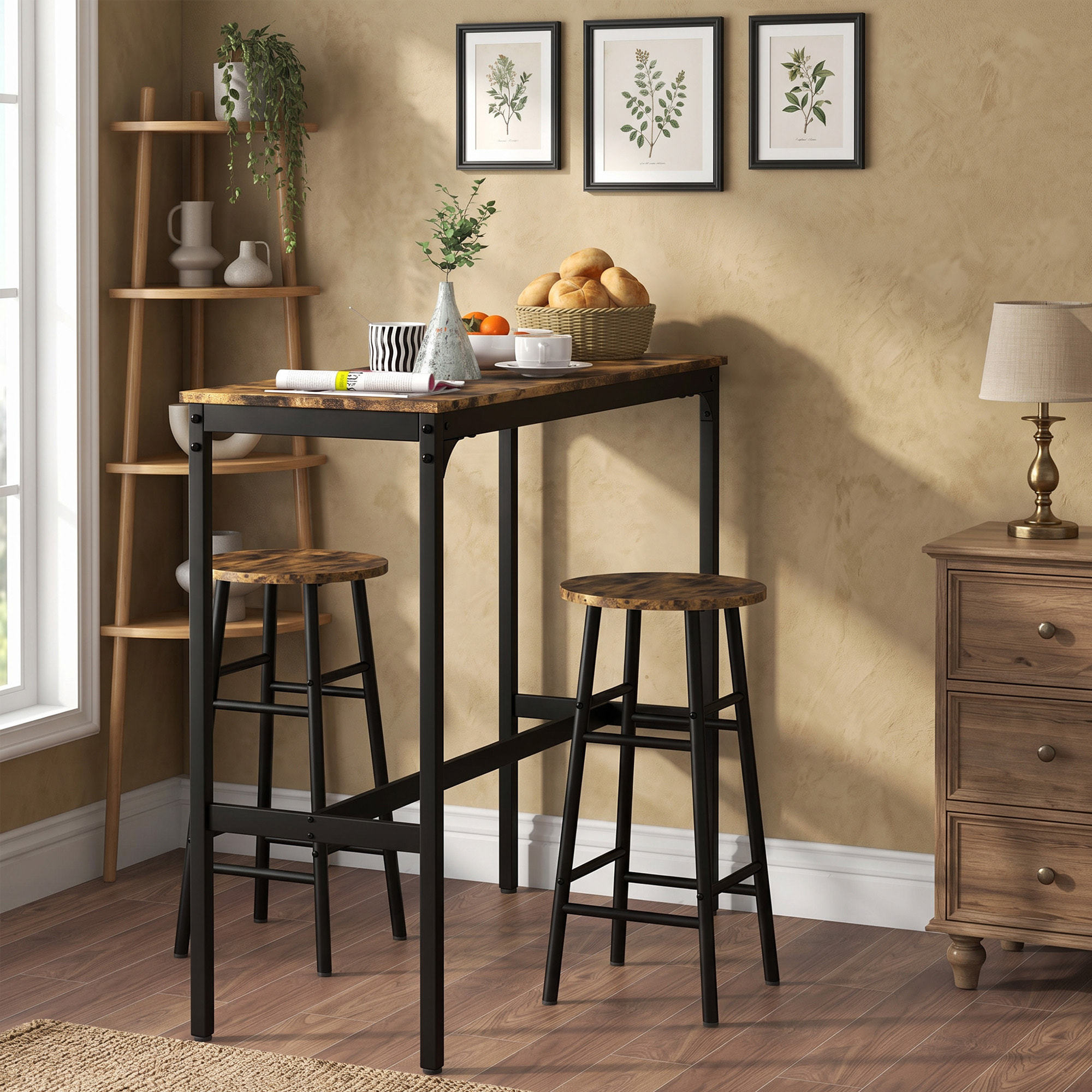 Conjunto Mesa Alta de Cocina con 2 Taburetes, Mesa Alta de Bar, Ahorro de Espacio, Marco de Acero, Estilo Industrial, para Comedor, Balcón o Isla Cocina, Marrón Rústico