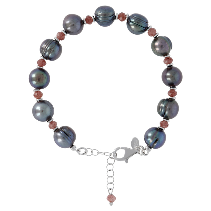 Bracciale in Argento 925 con Quarzo Rosso e Perle d'Acqua Dolce Grigie Ø 10/11 mm