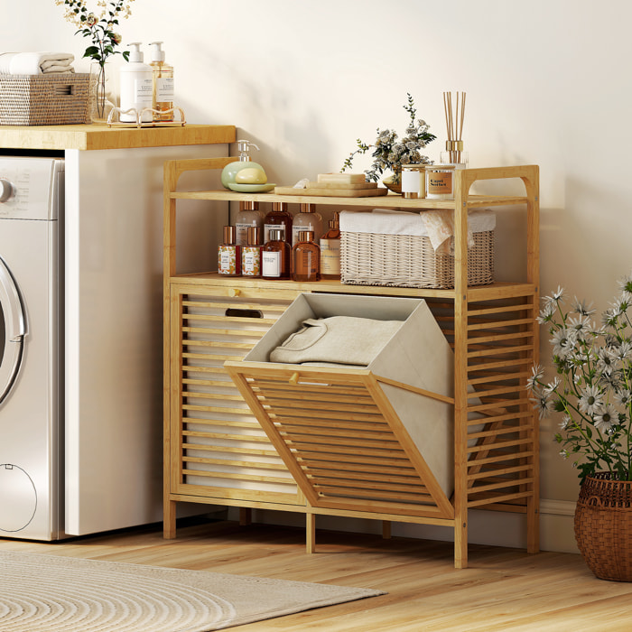 Meuble salle de bain avec panier à linge, en bambou avec 2 paniers en tissu amovibles et 2 étagères, corbeille à linge, 82x33x88cm, bois naturel