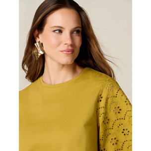 Oltre - T-shirt con maniche in sangallo - Giallo