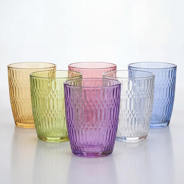 Set 6 bicchieri acqua colorati in vetro 31 cl, design moderno ed elegante, bicchieri resistenti per bibite cocktail e succhi, vetro certificato per alimenti senza piombo, lavabili in lavastoviglie