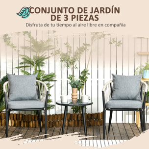 Conjunto de Muebles de Jardín 3 Piezas Juego de Muebles de Terraza Incluye Mesa con Encimera de Vidrio Templado y 2 Sillones con Cojines Reposabrazos de Cuerda Polipropileno Gris