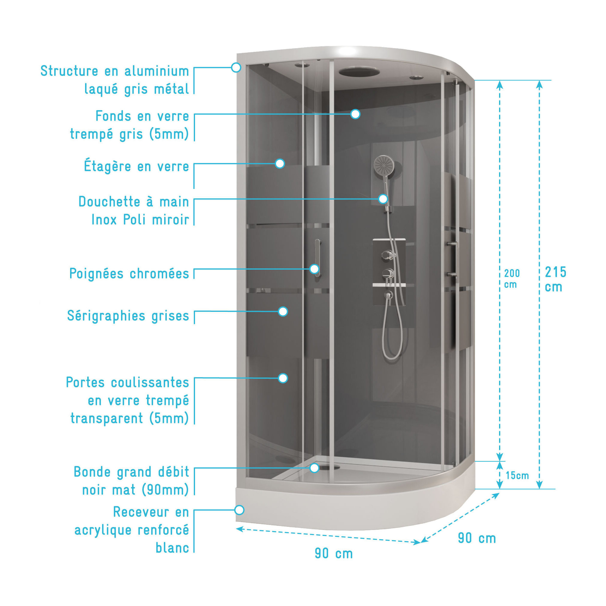 Cabine de douche 1/4 de cercle 90x90x215cm avec bande depolie - SILVERY STRIPE ROUND