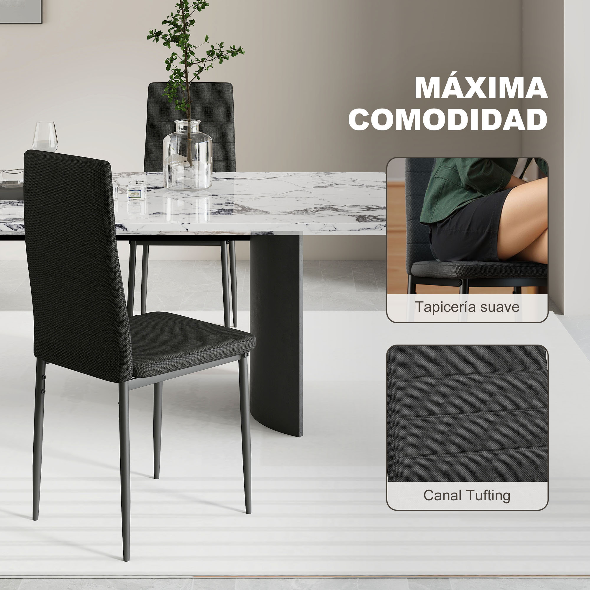 Pack de 6 Sillas de Comedor Modernas, Sillas de Cocina Tapizadas en Lino Sintético con Respaldo Alto y Patas de Metal, para Salón, Negro