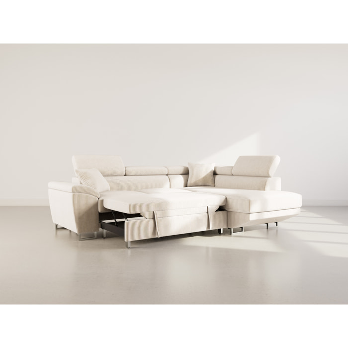 Baoji - Canapé d'angle droit 5 places convertible avec têtières et coffre en velours côtelé - Beige