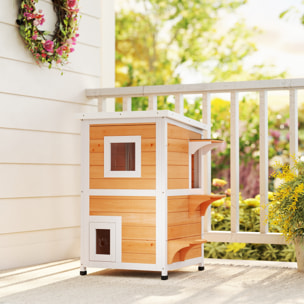 Caseta para Gatos de Madera Exterior, Casa para Gatos de 2 Niveles con Techo Abatible, Panel Central Extraíble, Ventanas, Puertas, para Terraza, Balcón, Jardín, 51x51x81,3 cm, Natural y Blanco