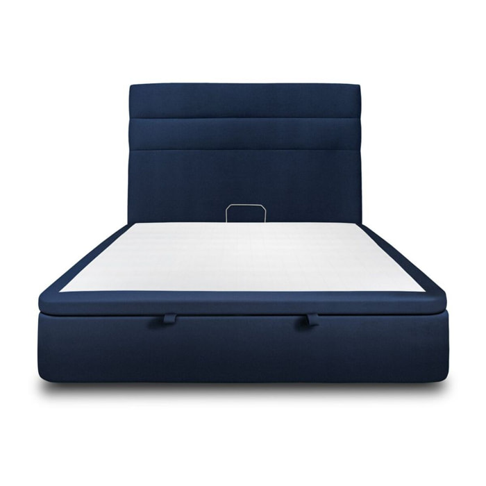 Lit avec sommier et tête de lit à lignes - Tissu velours au style chic - Adapté à tous les matelas, montage rapide - Esprit hôtel - Rangement XXL - Hauteur Totale : 39cm