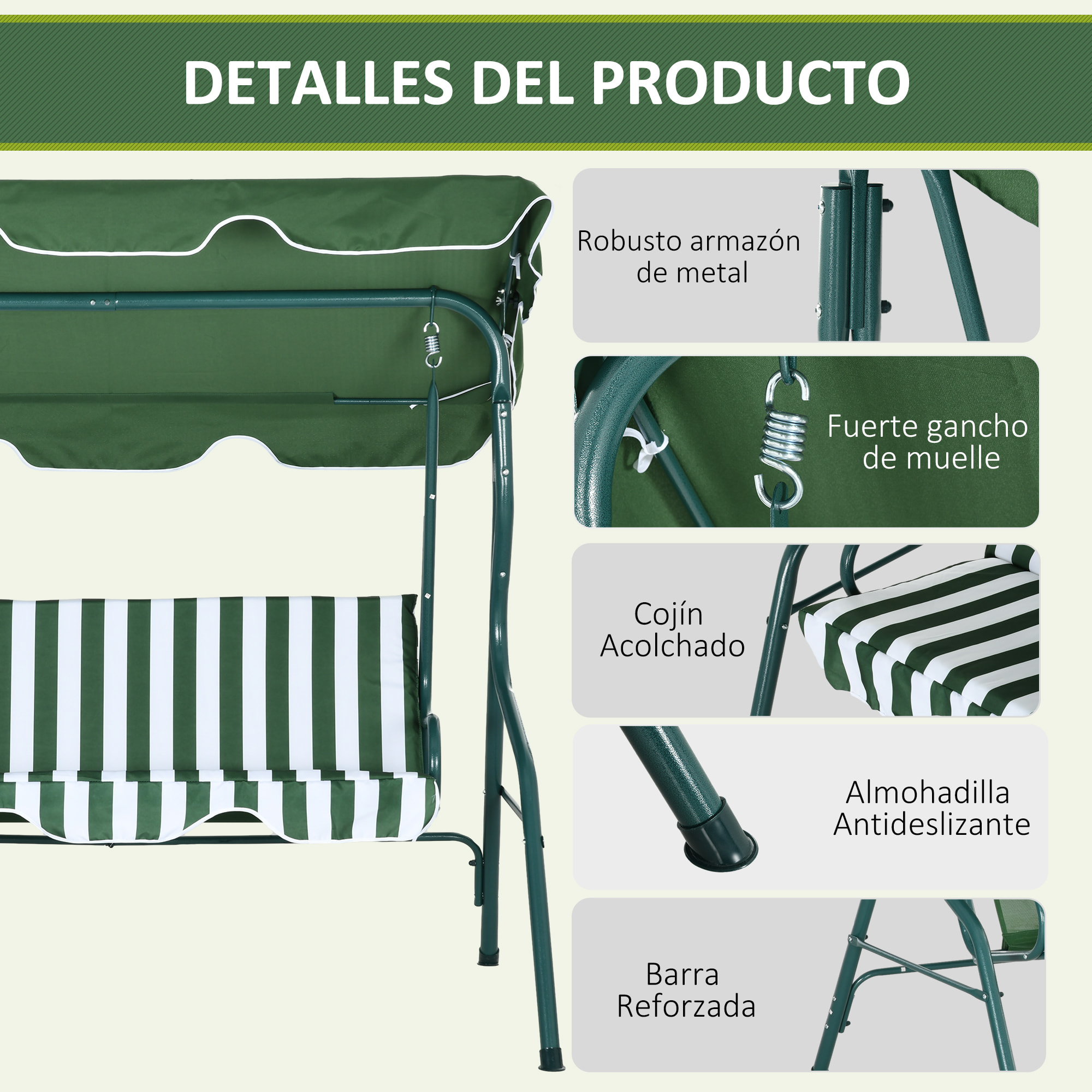 Columpio de Jardín de 2-3 Plazas, Balancín de Exterior con Toldo Ajustable en Ángulo, Impermeable y Marco de Acero, para Patio, Balcón, 170x110x153 cm, Verde