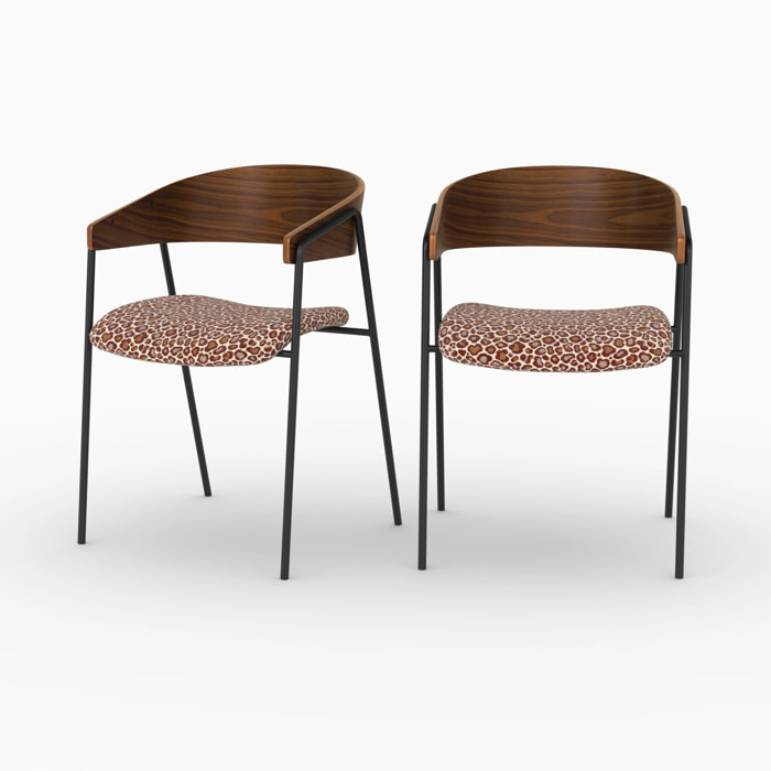 Lot de 2 chaises en tissu léopard bordeaux et bois de noyer - Esmée