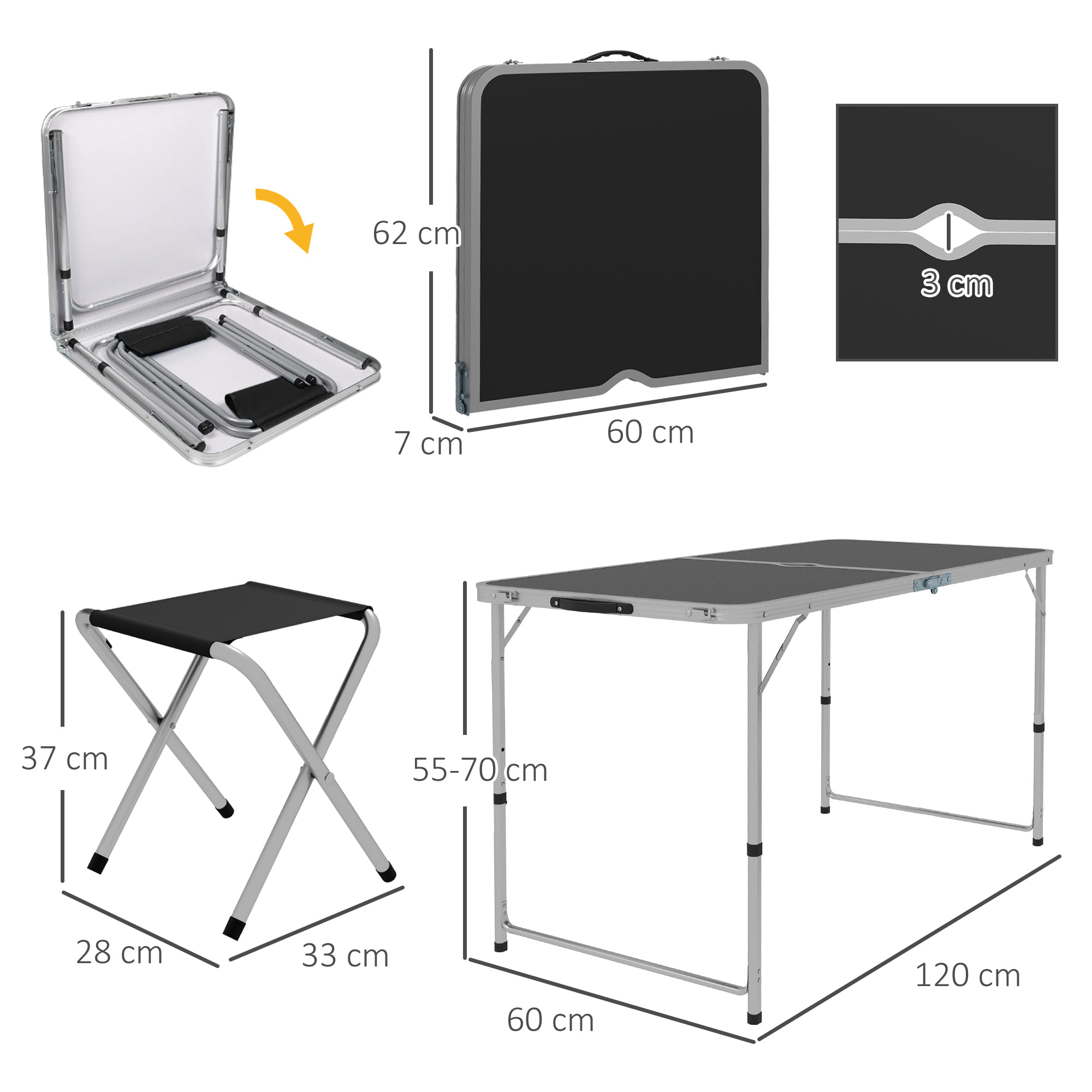 Conjunto de Camping de 5 Piezas Mesa para Camping Plegable con Sillas Incluye 1 Mesa Ajuatsble en Altura con Encimera MDF Orificio para Sombrilla 120x60x55-70 cm y 4 Taburetes Plegables Negro