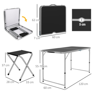 Conjunto de Camping de 5 Piezas Mesa para Camping Plegable con Sillas Incluye 1 Mesa Ajuatsble en Altura con Encimera MDF Orificio para Sombrilla 120x60x55-70 cm y 4 Taburetes Plegables Negro
