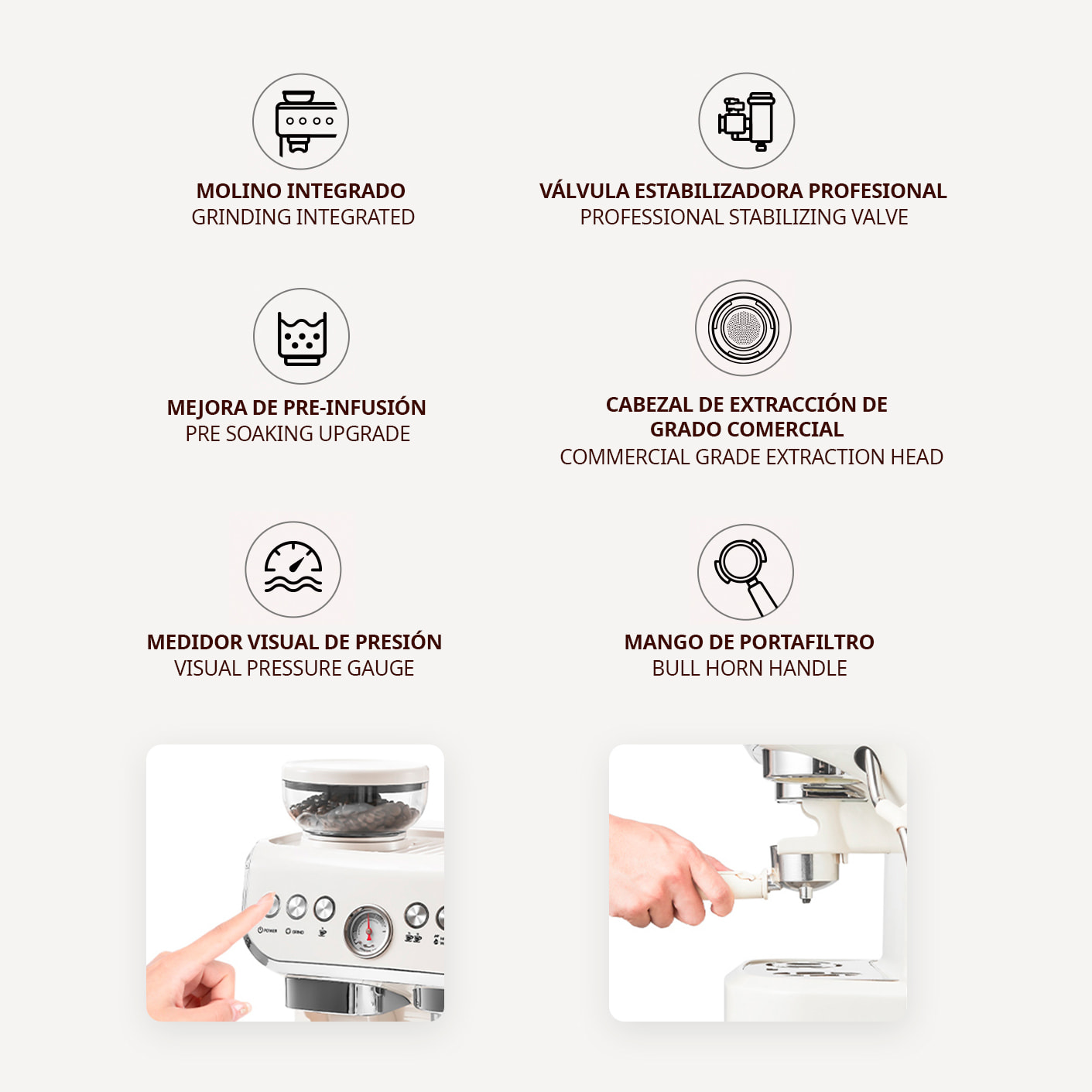 Cafetera espresso con molinillo integrado, 20 bar de presión y depósito de 2 L. Permite moler y preparar café al momento, con vara de vapor y controles sencillos.