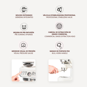 Cafetera espresso con molinillo integrado, 20 bar de presión y depósito de 2 L. Permite moler y preparar café al momento, con vara de vapor y controles sencillos.