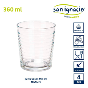 Set 4 vasos vidrio rayas 360 ml colección vivalto