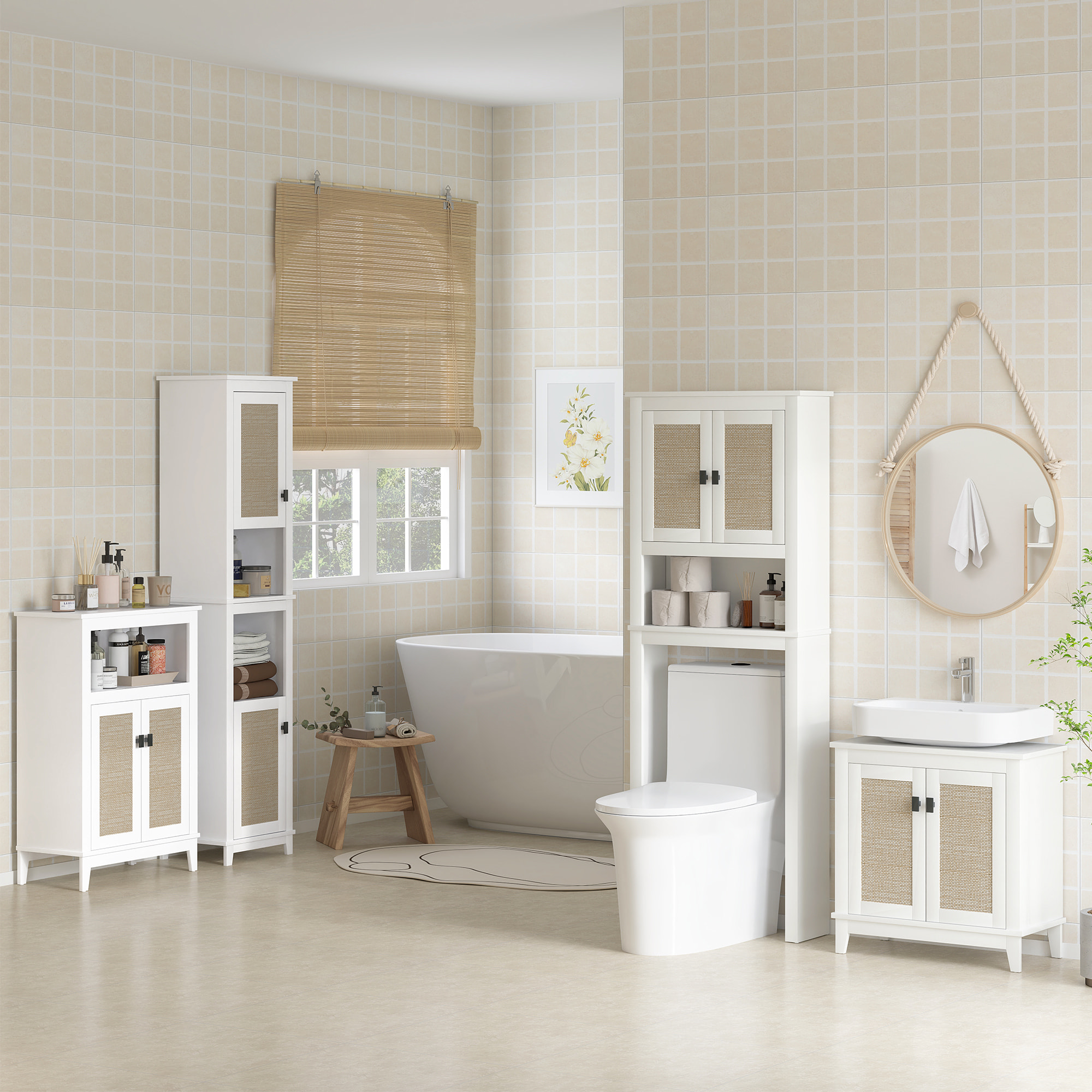 Mueble Auxiliar de Baño con 2 Puertas con Frontal de Ratán Armario de Baño con Estante Ajustable y Compartimento Abierto 60x30x90 cm Blanco