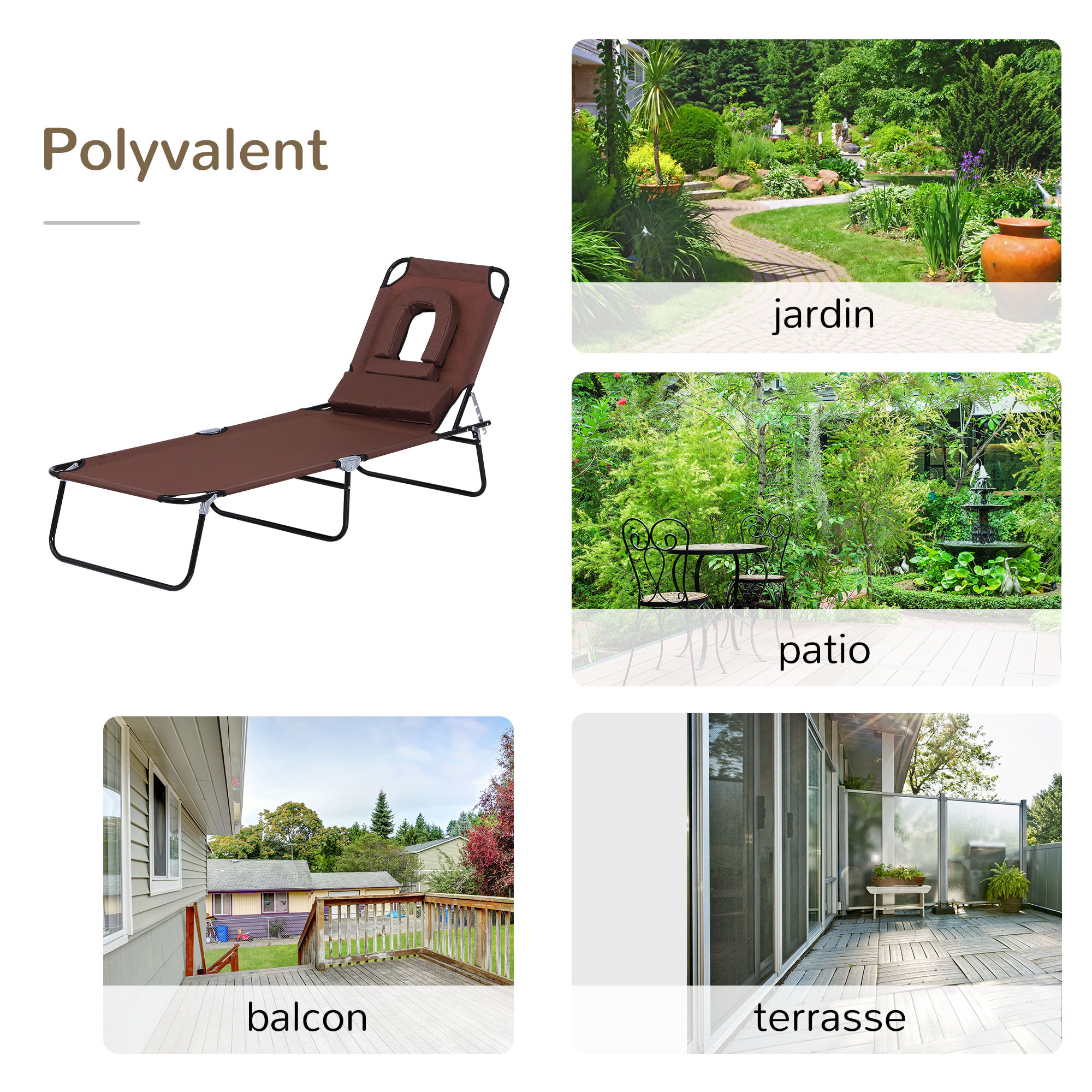 Bain de soleil pliable transat inclinable 4 positions chaise longue de lecture 3 coussins fournis marron