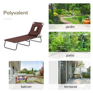 Bain de soleil pliable transat inclinable 4 positions chaise longue de lecture 3 coussins fournis marron