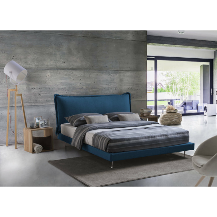 Letto matrimoniale Anika, Letto fisso con rivestimento e testata in tessuto, 100% Made in Italy, Apertura frontale, adatto per materasso Cm 160x190, Blu