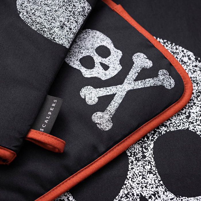 Set cocina 3 piezas 100% algodón 190gsm - delantal ajustable con bolsillo + manopla + agarrador - con estampado calavera color negro