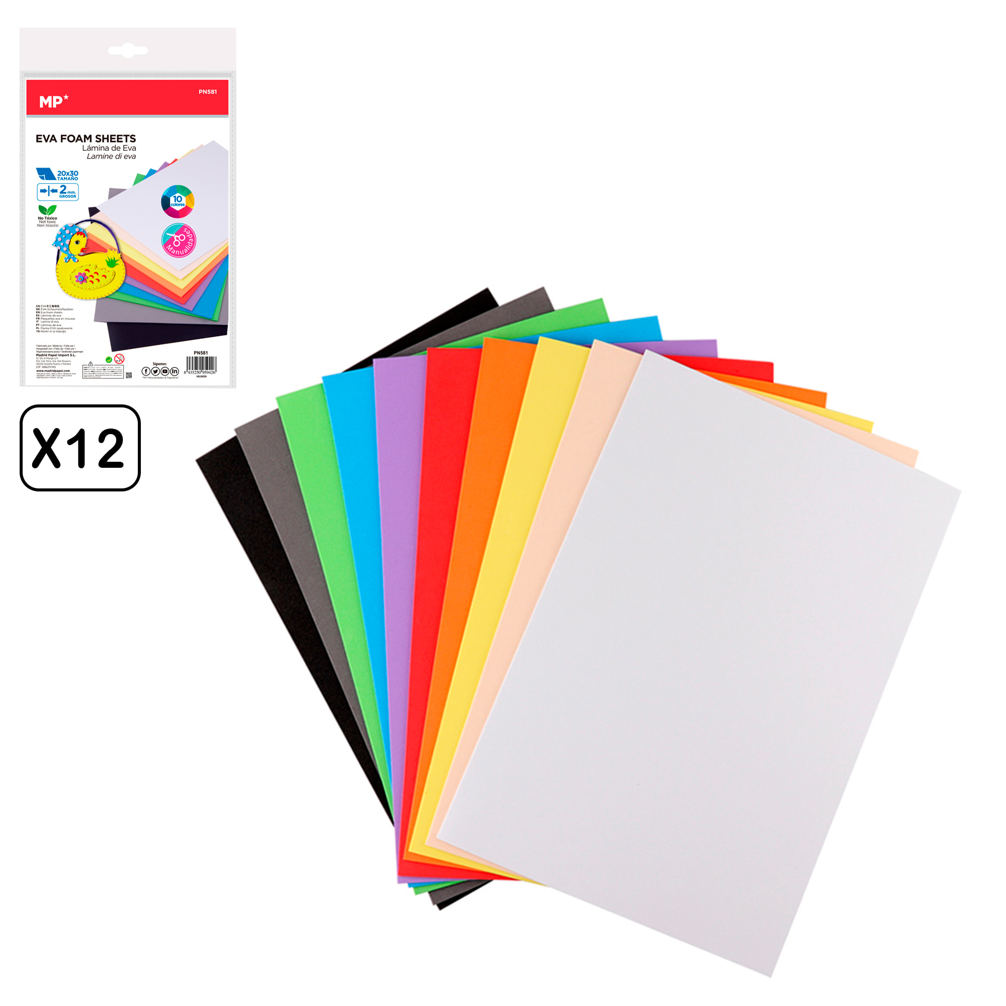 12 packs GOMA EVA colores 10 Uds. 20 x 30 cm