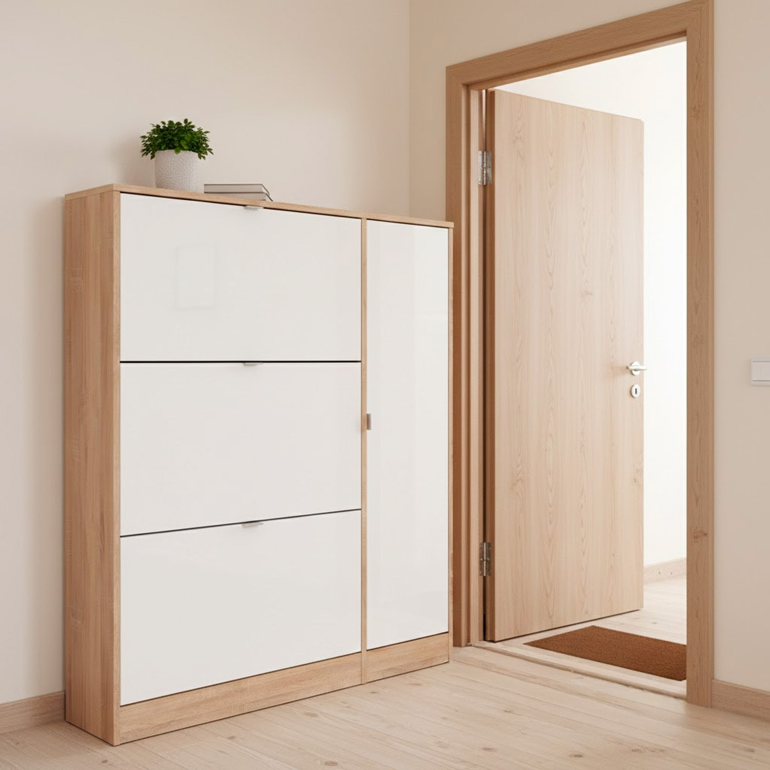 Scarpiera Salvaspazio Con 3 Ante A Ribalta Mobile Laterale Fino A 18 Paia Design Moderno Ingresso Corridoio 98.8x24.05x123.6 Cm Rovere e Bianco Lucido