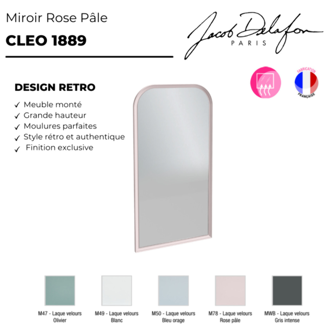Miroir vertical salle de bain Cléo 1889 Rose Pâle Velours