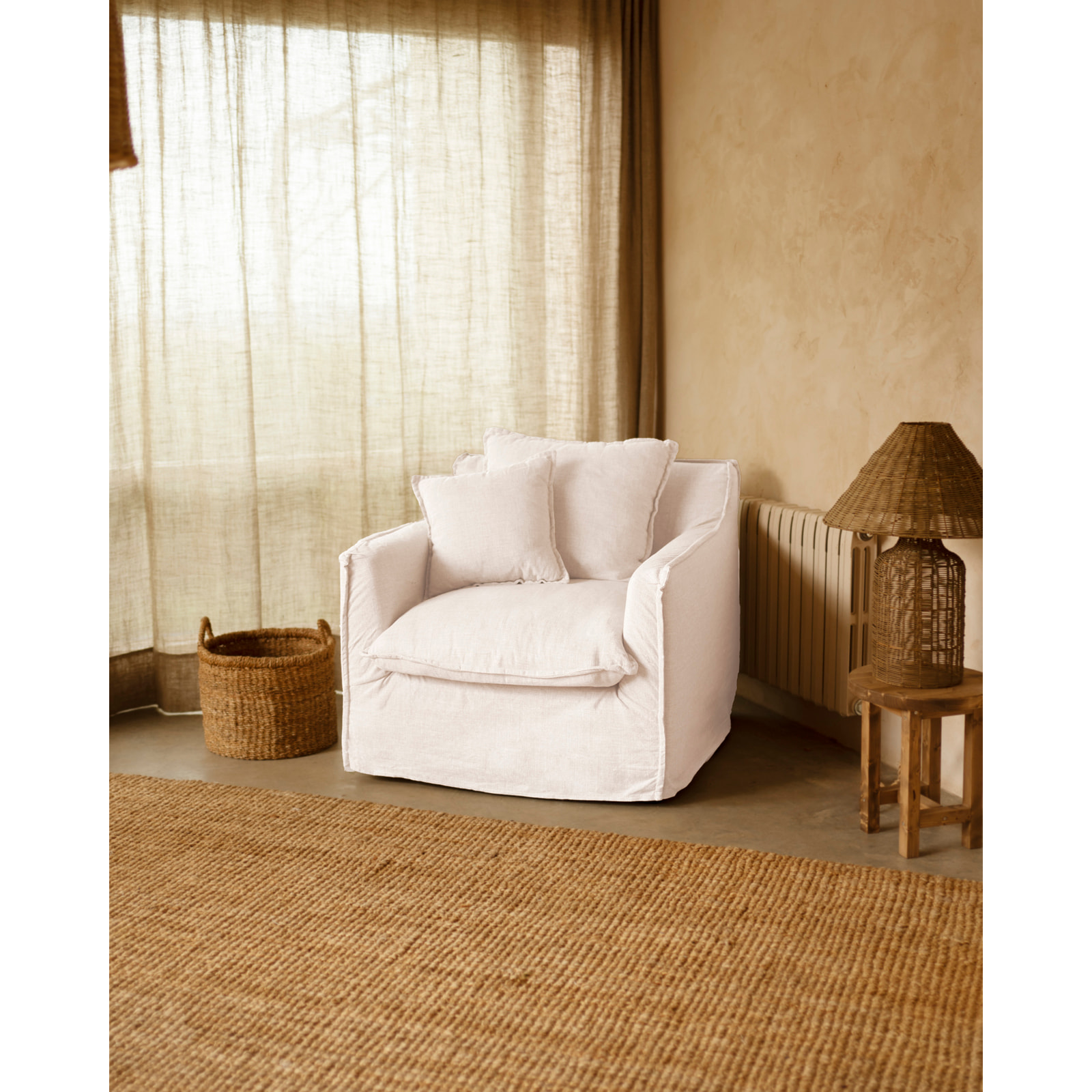 Fauteuil en coton et lin déhoussable ton blanc de 98x90cm Hauteur: 81 Longueur: 98 Largeur: 90