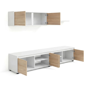 Salón con mueble de TV y estantería en blanco artik y roble canadian 200 cm Arlet Blanco Artik (Blanco Mate) - Roble Canadian