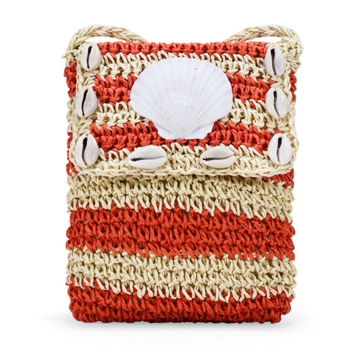 Bolso para móvil rojo en rafia con conchas
