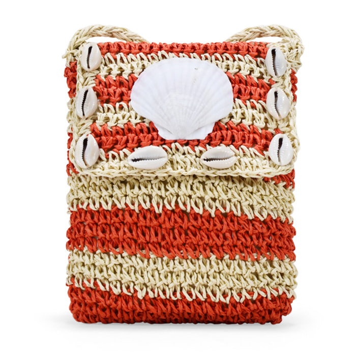 Bolso para móvil rojo en rafia con conchas