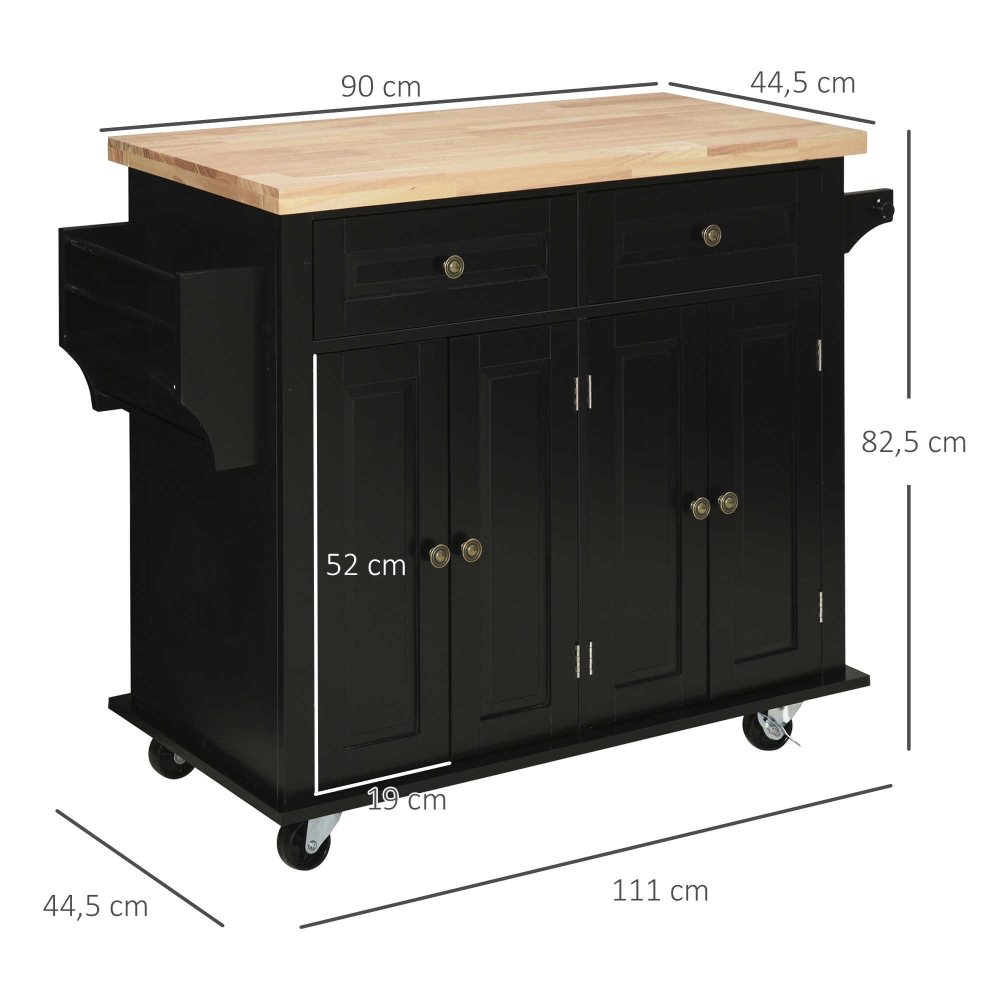 Isla de Cocina con Ruedas Carro de Cocina Mueble Auxiliar de Cocina con 2 Cajones 4 Puertas Especiero y Barra Lateral para Comedor 111x44,5x82,5 cm Negro