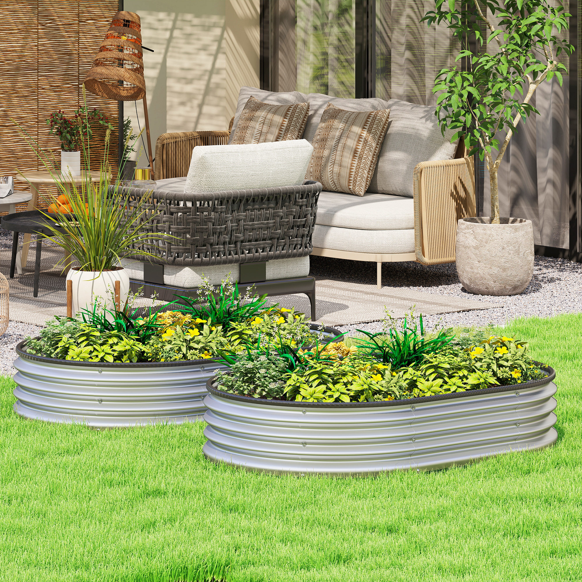 Juego de 2 Jardineras Exterior Grandes de Acero Galvanizado, Huertos Urbanos, Maceteros Exterior Modular con Base Abierta para Plantas, Resistente a la Intemperie, 135x90x30 cm, Plateado