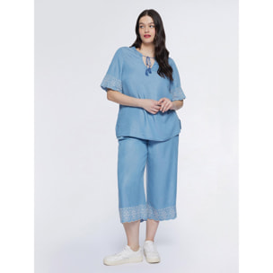 Fiorella Rubino - Pantalones cropped con bordado en el bajo - Light - blue