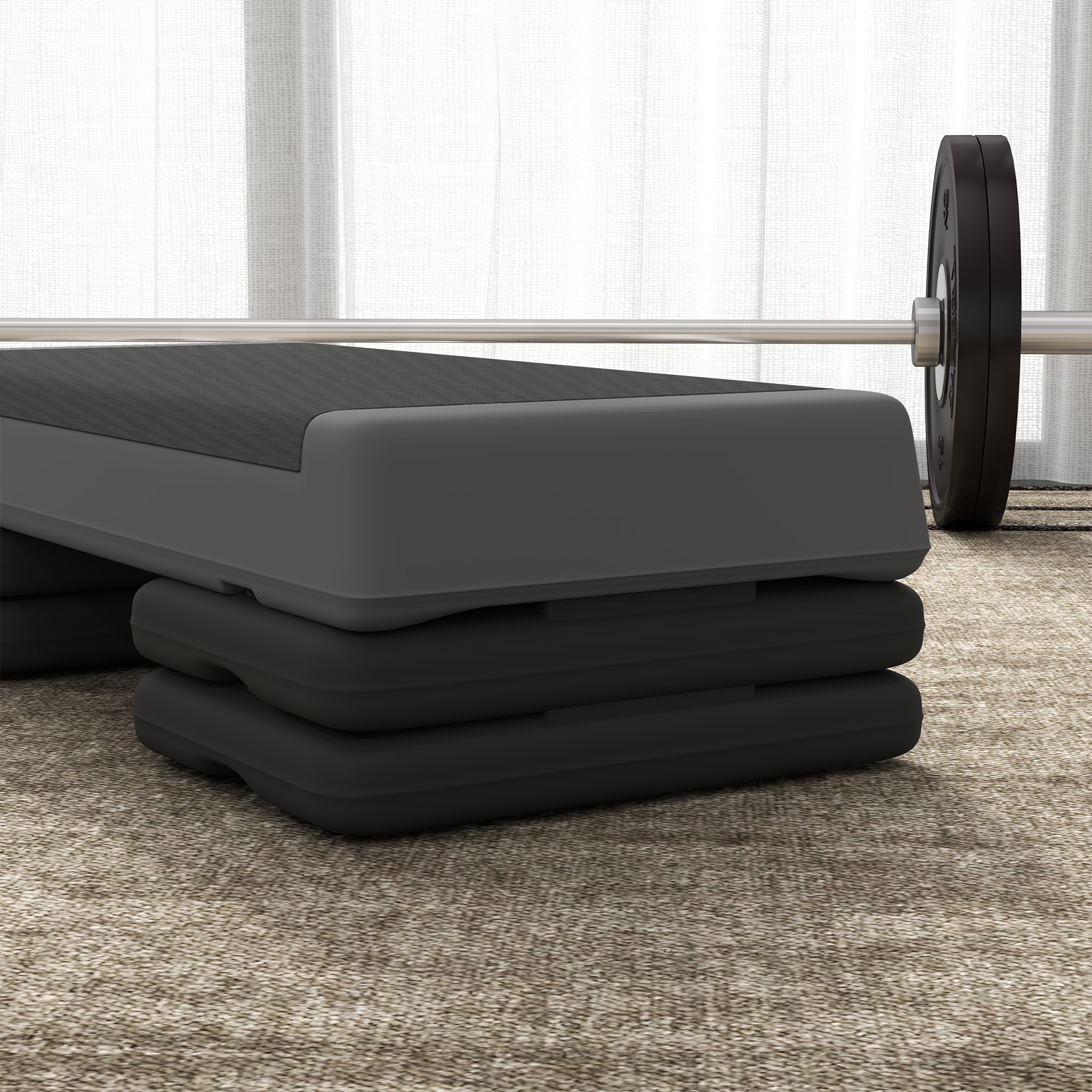 Step de Aeróbic, Step para Fitness Antideslizante, Altura Regulable 3 Niveles de 10,5/15,5/20,5 cm, Carga 250 kg, para Ejercicio en Casa, Gimnasio, 77x36x20,5 cm, Gris y Negro