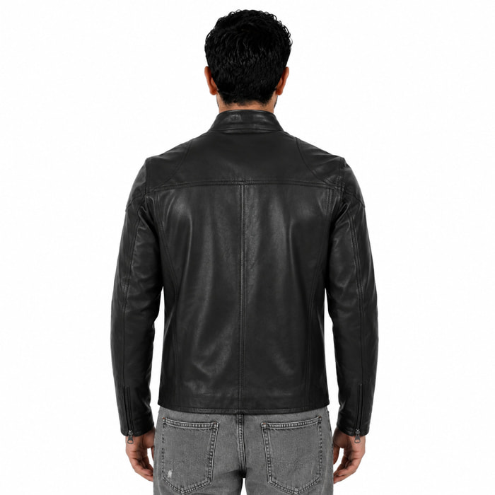 Giubbino in pelle di vitello nappa Nero-Slim Fit