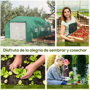 Invernadero de Túnel 3,5x3x2 m Invernadero de Jardín con Puerta y 6 Ventanas Enrollables de Polietileno Metal Galvanizado para Cultivos Plantas Flores Verde