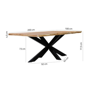 Table de repas en bois d'acacia massif et pied central métal - 200 x 100 cm - WOOD